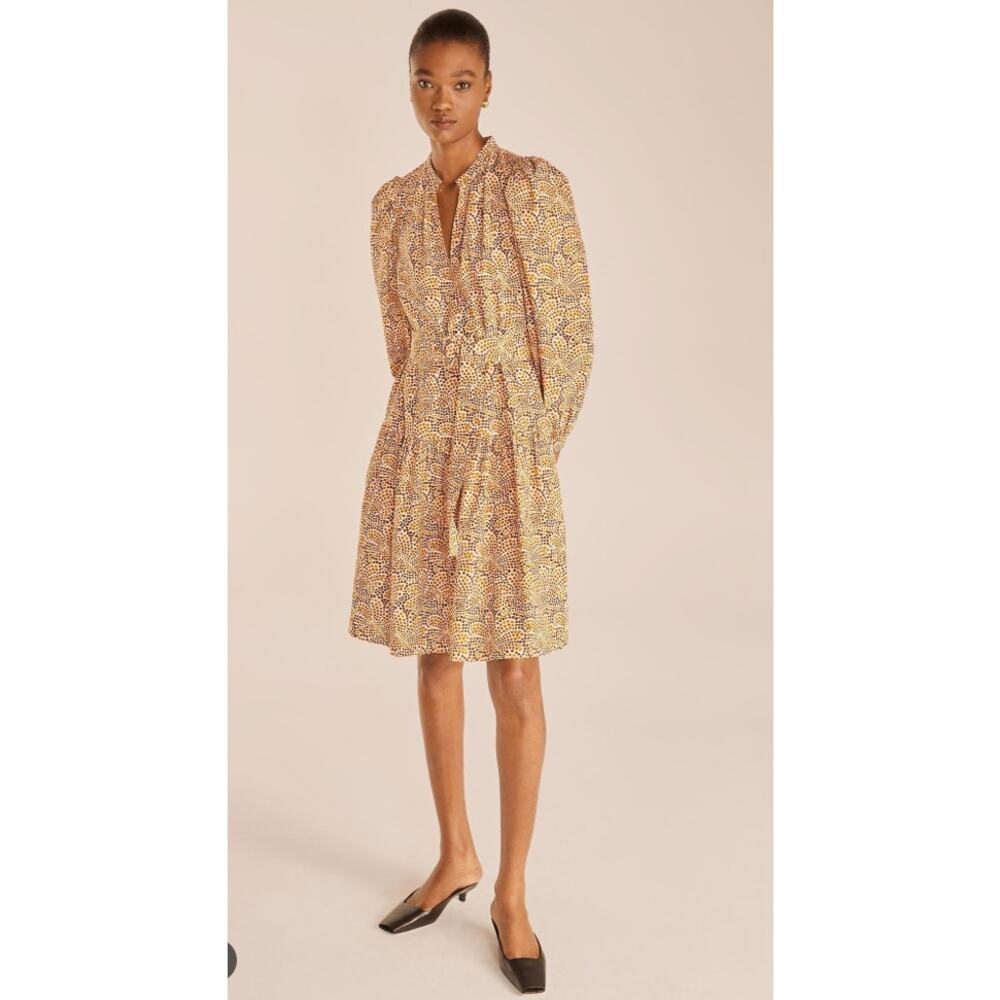 Rebecca Taylor Natural Speckled Fleur Belted Long Sleeve Dress Womans 2 NWOT